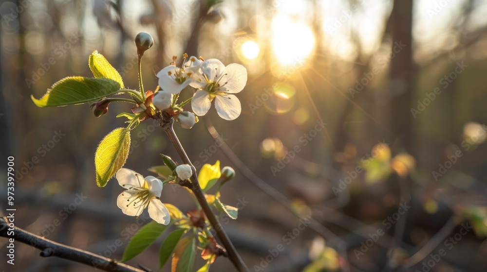 Sunlit cherry blossom branch with cherry buttons detail in the woods Sunlit cherry blossom branch with cherry buttons detail in the woods