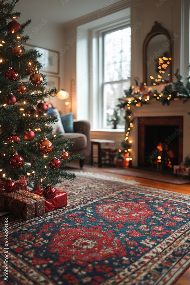 A cozy and inviting Christmas living room featuring beautiful decorations, a tree, and a fireplace A cozy and inviting Christmas living room featuring beautiful decorations, a tree, and a fireplace