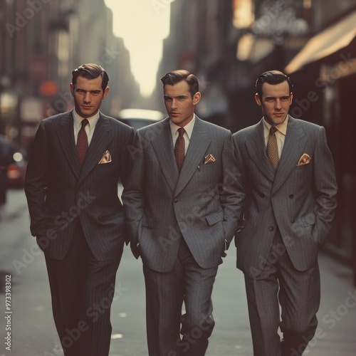 Three Men in Suits Walking Down a City Street photo