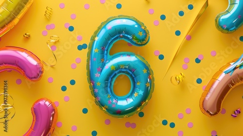 Sixth anniversary celebration banner with birthday wishes Colorful metallic number six on yellow backdrop top view