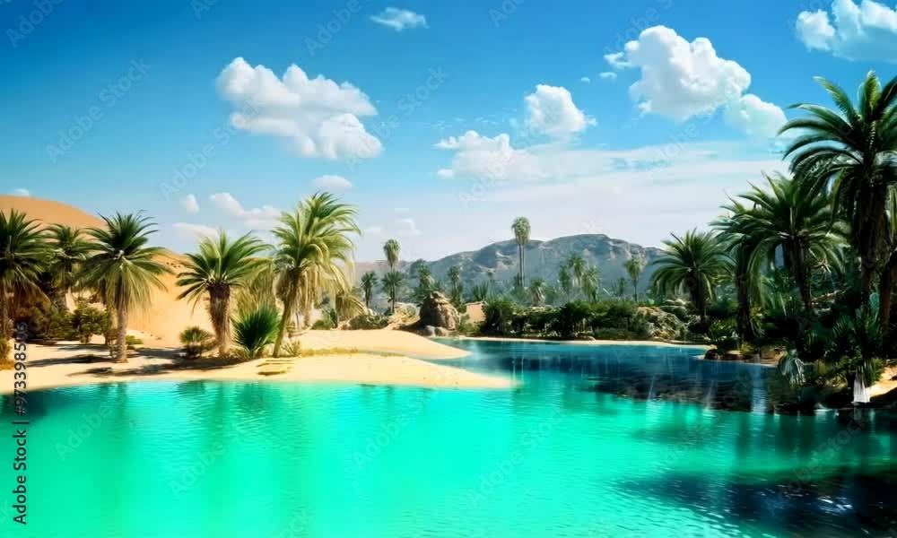 Desert oasis with palm trees and a clear blue pool, , Video Desert oasis with palm trees and a clear blue pool, , Video