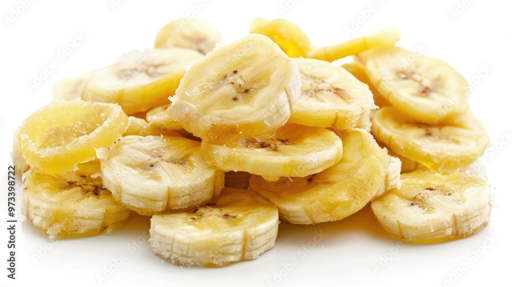 Sweet banana slices on white background nutritious dried fruit option Sweet banana slices on white background nutritious dried fruit option