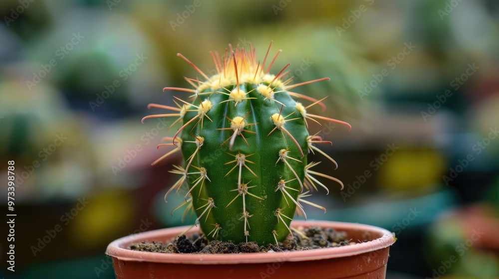 Small cactus in a pot at a cactus nursery Small cactus in a pot at a cactus nursery