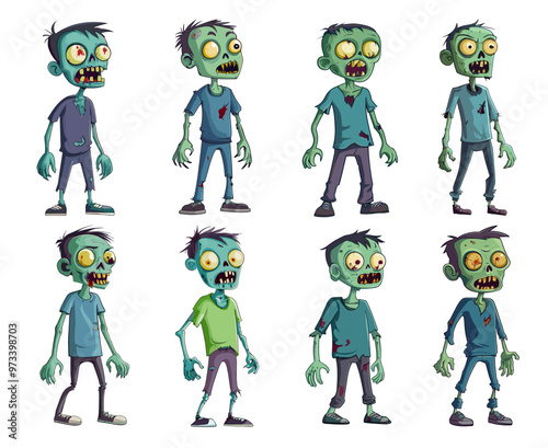 Cartoon zombies characters. Horror zombi monster cartoon character, creepy halloween mascot walking undead, set vector illustration