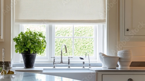 Close-up of the window detail and Roman blinds in the kitchen photo