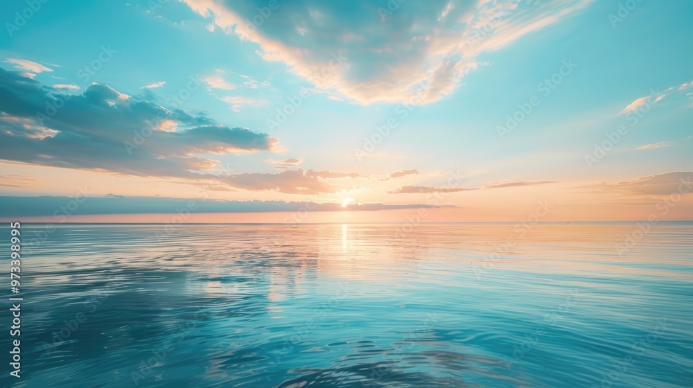 Naklejka premium Sunset reflecting on the sea under a blue sky