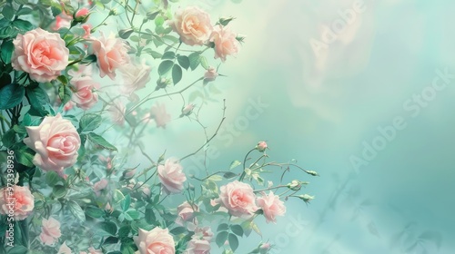 Soft pastel backdrop adorned with flowering roses Perfect for spring or summer with room for text