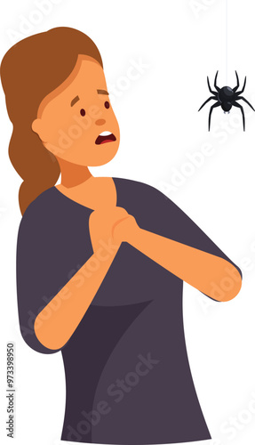 Terrified woman feeling panic and experiencing anxiety attack while looking at spider, arachnophobia concept