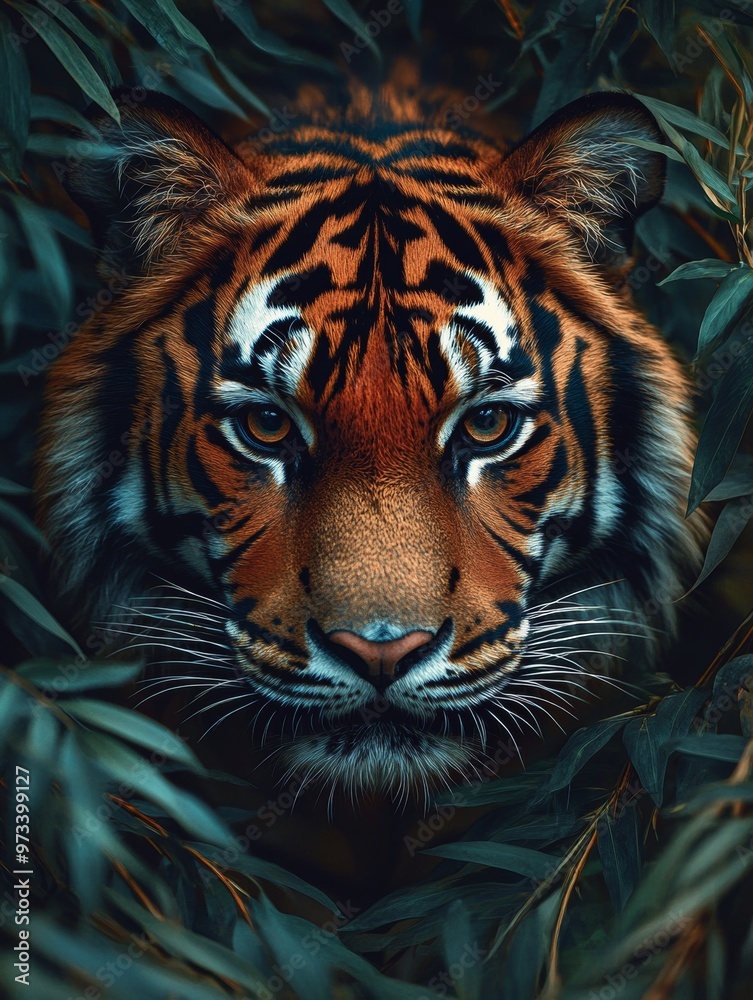 Tiger Concealed in Lush Jungle Underbrush with Piercing Eyes Tiger Concealed in Lush Jungle Underbrush with Piercing Eyes