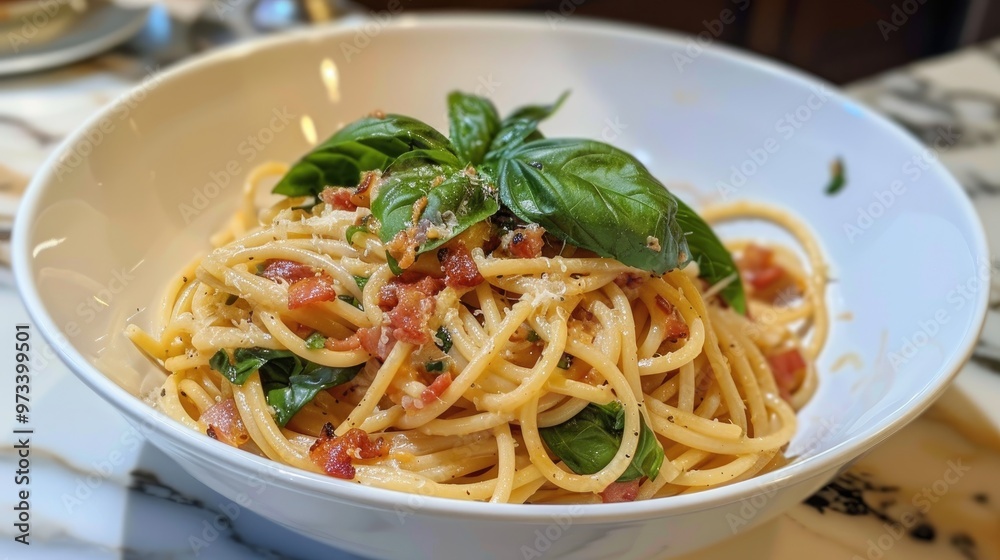 Spicy bacon and basil spaghetti in a white bowl Spicy bacon and basil spaghetti in a white bowl