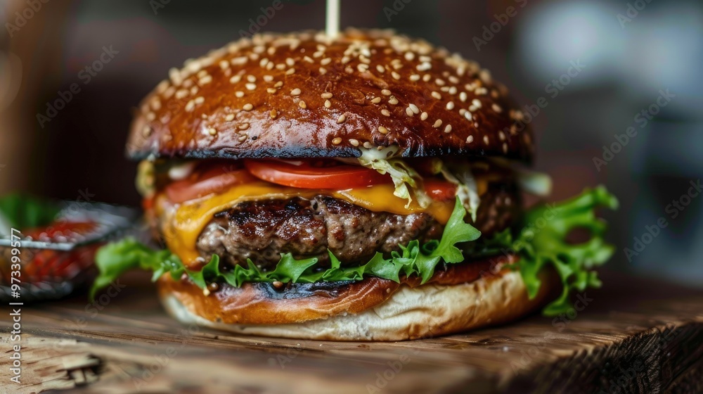 Succulent burger displayed on wooden surface Succulent burger displayed on wooden surface