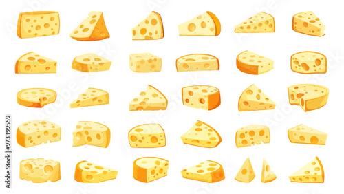 Cheeses. Yellow cheese snack food, cheddar piece and triangle slice healthy dairy product, set vector illustration