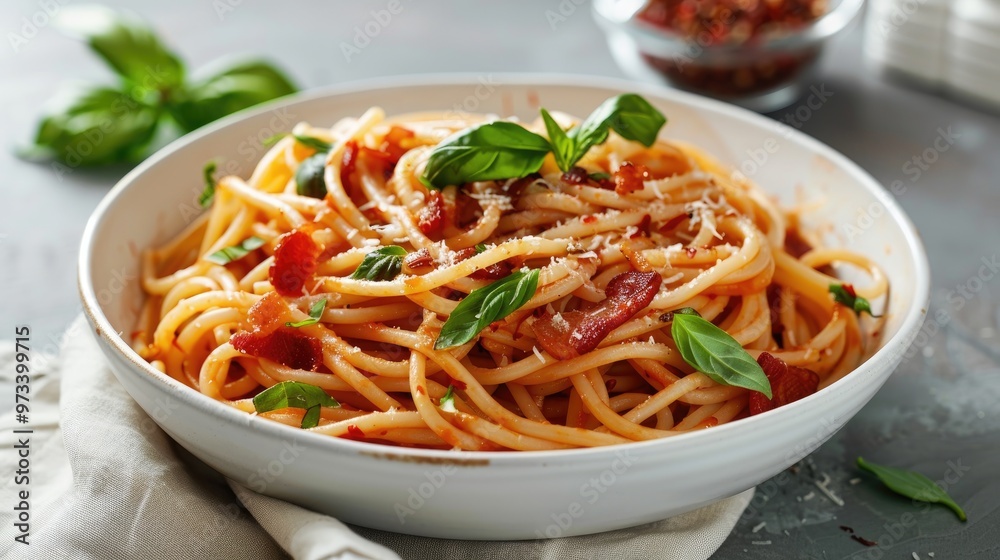 Spicy bacon and basil spaghetti in a white bowl