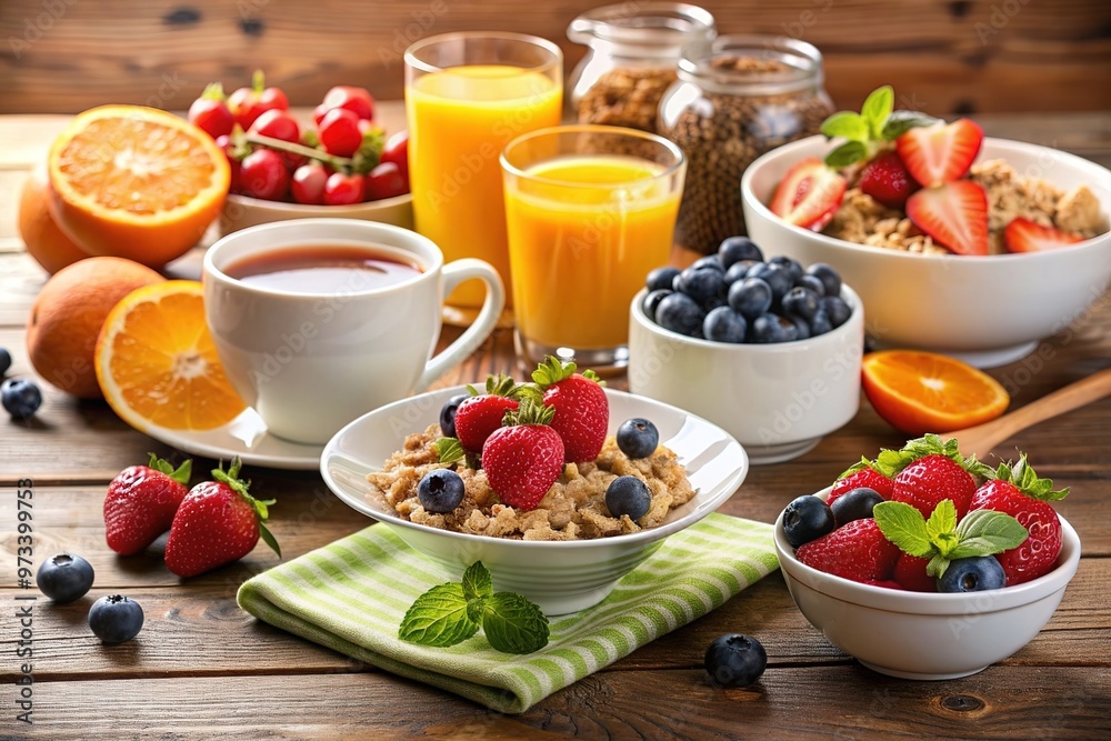 Huge healthy breakfast spread on a table with orange juice, fruit, muesli, smoked salmon, egg, croissants, meat and cheese Huge healthy breakfast spread on a table with orange juice, fruit, muesli, smoked salmon, egg, croissants, meat and cheese