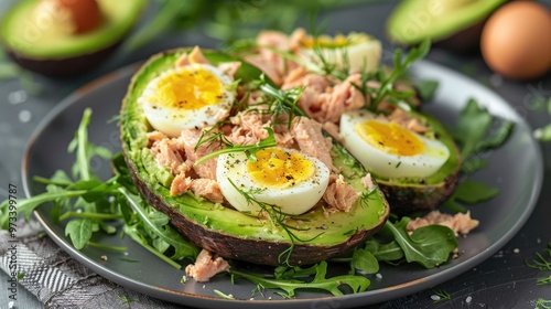 Stuffed Avocado with Eggs Tuna Arugula and Dill on Modern Dish for Keto Diet