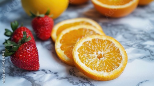 Sliced oranges and strawberries in the backdrop