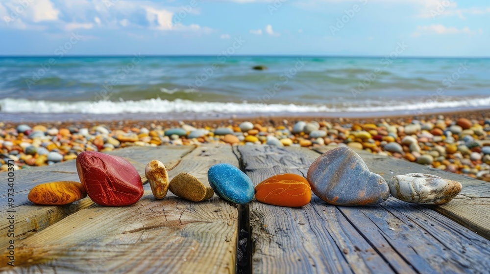 Text with colored stones on wood and beach backdrop Text with colored stones on wood and beach backdrop