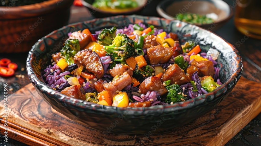 Stir fried mix vegetables with purple rice and salted pork Stir fried mix vegetables with purple rice and salted pork