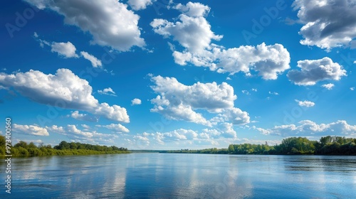 Sky above river with white clouds in morning
