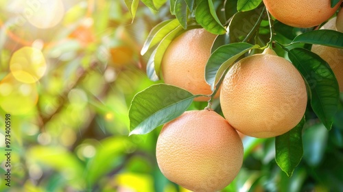 Tasty ripe grapefruit on a tree branch undergoing toning photo