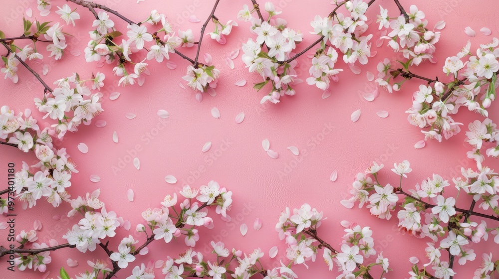 Spring floral branches on cherry background Ideal for various occasions Flat lay with space for text
