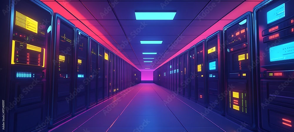 Fototapeta premium Futuristic Server Room Corridor with Neon Lights