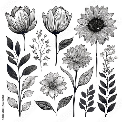 Simple Botanical Silhouettes - Set of hand-drawn flower and leaf shapes including tulips, sunflowers, and eucalyptus in muted tones. Graphic art illustration photo