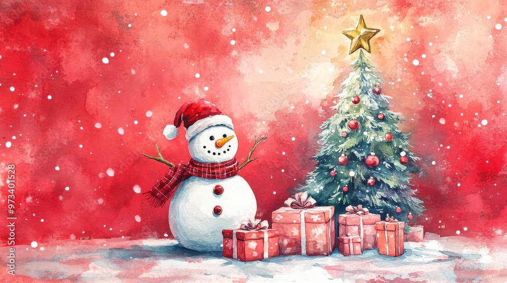 Obraz premium A cheerful and festive Snowman alongside a beautifully decorated Christmas Tree with vibrant Gifts