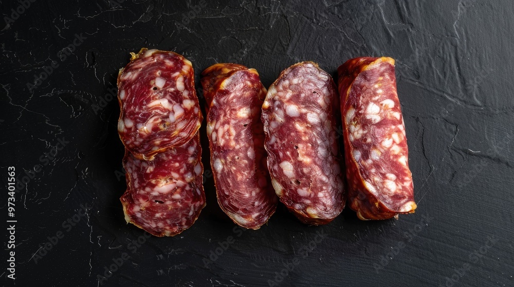 Spanish Fuet salami on black background viewed from above