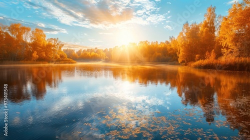 Sun s reflection on lake in autumn landscape Background