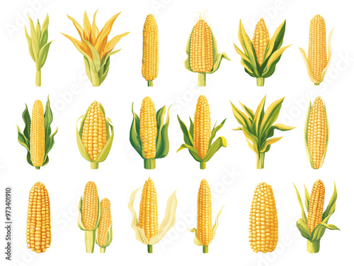 Corn cobs. Maize corns grains, yellow ripe vegetable for vegetarian nourishment raw popcorn ingredient, cartoon set vector illustration