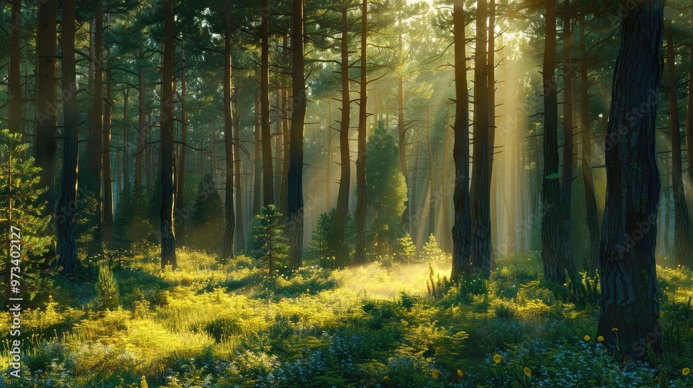 Stunning pine forest in morning sunlight Stunning pine forest in morning sunlight