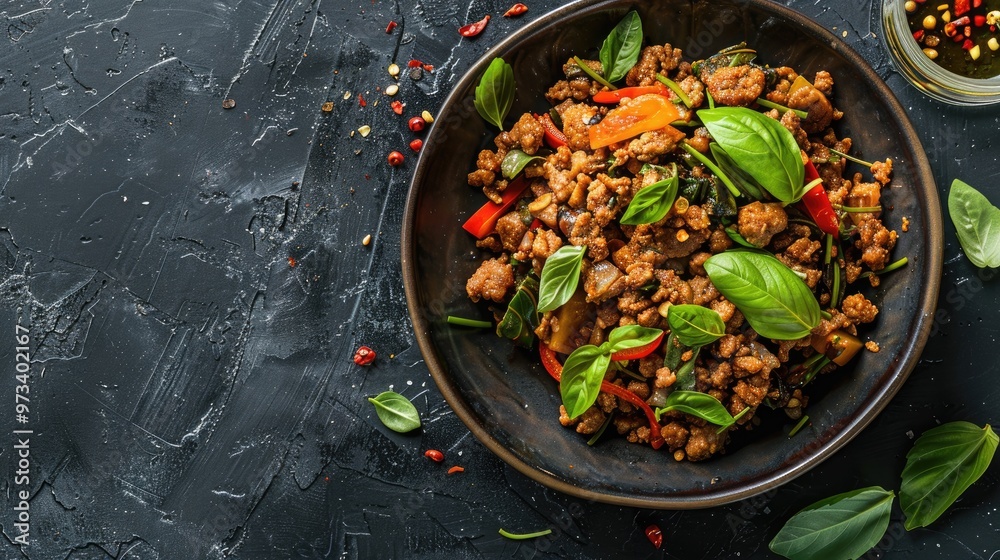 Stir fried ground pork and basil background Stir fried ground pork and basil background