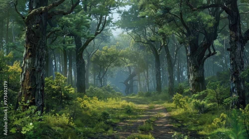 Sparse path through vast forest with panoramic tree filled scenery Sparse path through vast forest with panoramic tree filled scenery