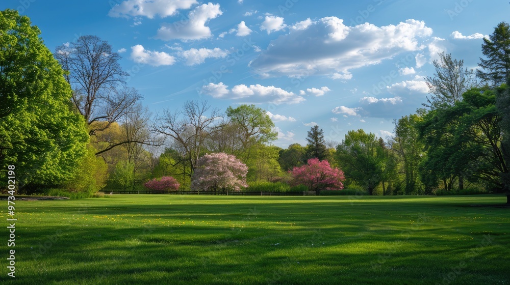 Spring landscape with lush lawn trees and blue sky Spring landscape with lush lawn trees and blue sky