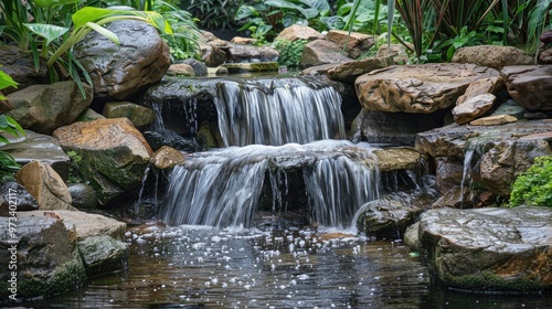 Symbol of health and wealth in garden design waterfall flowing on rocky ground in spring reflecting feng shui principles