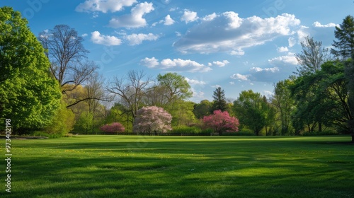 Spring landscape with lush lawn trees and blue sky