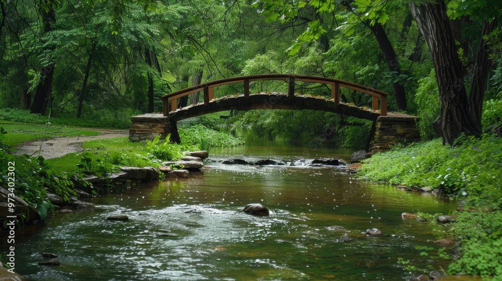 Fototapeta premium Streamside bridge in the park post rain