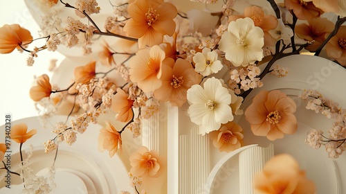 A stunning floral bouquet filled with roses and peach blossoms sits elegantly in a vase against a marble and wood background, showcasing hyper-realistic details and pastel colors