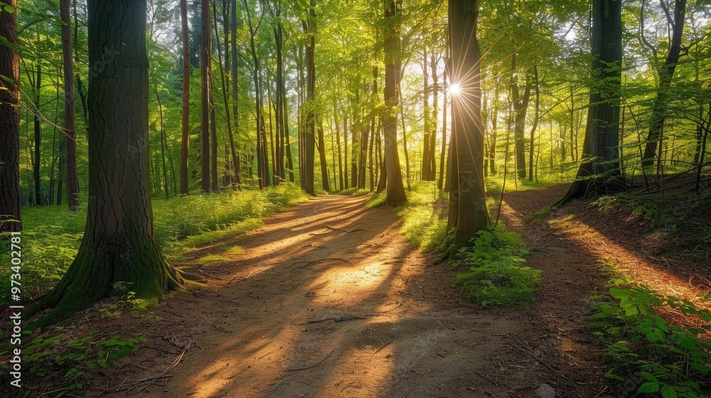 Obraz premium Sunny forest path in spring
