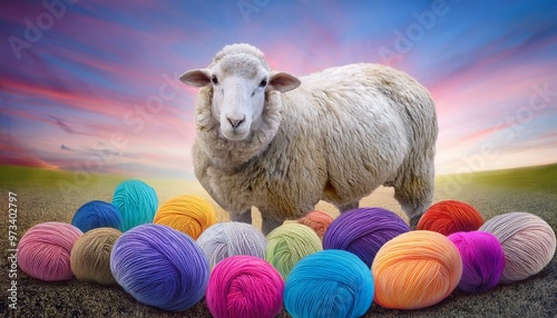 Pelotes de laine de toutes les couleurs aux pieds d'un mouton photo