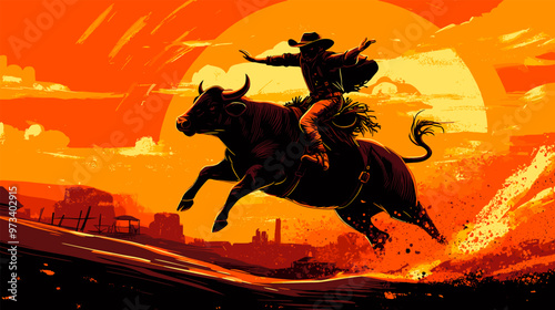 Cowboy riding bull. Rodeo cowboys retro poster, man in hat silhouette ride on cow american ranch texas sport wild west western vintage banner vector illustration