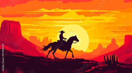 Cowboy silhouette on horse in desert. Rider horseback texas american ranch mexico, equestrian in hat riding mustang wild west western sunrise sunset background vector illustration