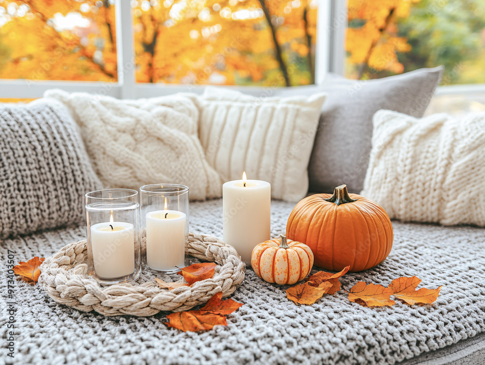 A cozy living room with a pumpkin and candles on a sofa. The room has a warm and cozy atmosphere. A cozy living room with a pumpkin and candles on a sofa. The room has a warm and cozy atmosphere.