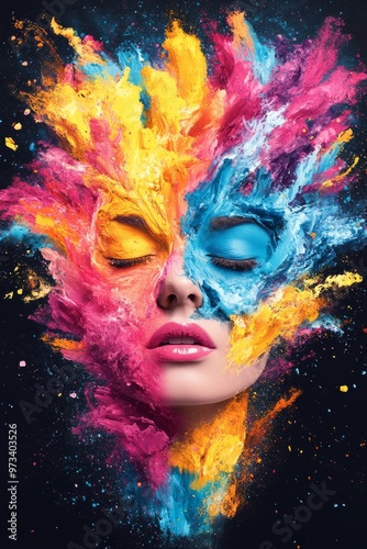 A vibrant portrait artwork that blends face and paint, showcasing vivid expression and energy