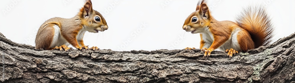 Mischievous Squirrels at Play, full-body portrait of playful squirrels frolicking in a tree, lively interaction and movement against a crisp white backdrop. Mischievous Squirrels at Play, full-body portrait of playful squirrels frolicking in a tree, lively interaction and movement against a crisp white backdrop.