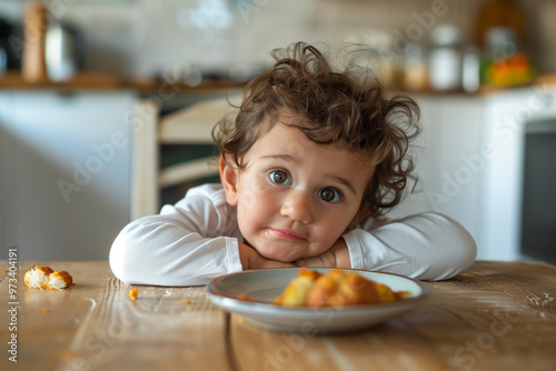 Curious toddler sitting at the kitchen table with a pastry. Concept of childhood curiosity and meal time.