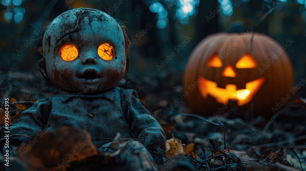 Naklejka premium Spooky broken dirty doll and jack pumpkin in dark woods on Halloween, scary scene with in forest at night. Concept of horror, party, movie,
