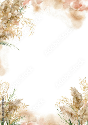 Wallpaper Mural Watercolor tropical border of dry and green pampas grass. Hand painted exotic frame of plant isolated on white background. Floral illustration for design, print, fabric or background. Torontodigital.ca