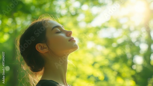 Woman breathing in fresh forest air enjoying tranquil moment of peace and serenity photo